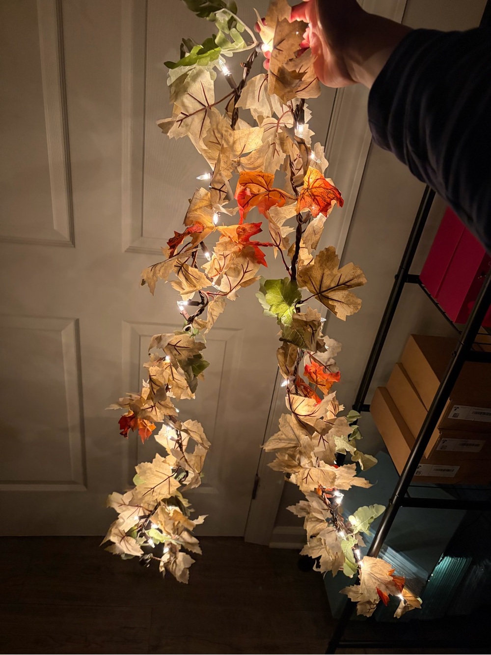 6ft Autumn Leaf Lighted Garland - ash white, Orange & Green Holiday Décor